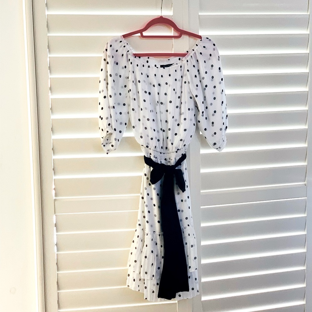 WHBM - Cute white dress with black polka dots and a black chiffon bow/belt. - Picture 2 of 4